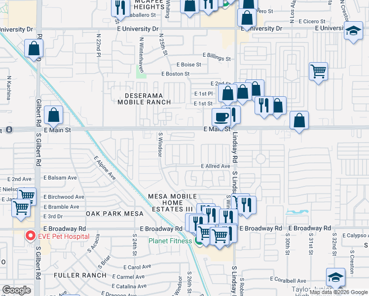 map of restaurants, bars, coffee shops, grocery stores, and more near 2600 East Allred Avenue in Mesa