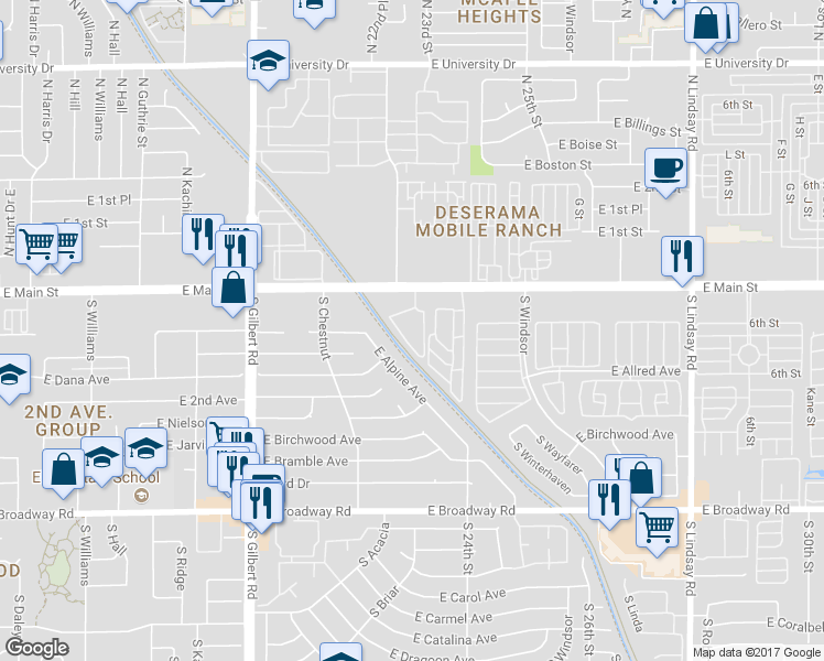 map of restaurants, bars, coffee shops, grocery stores, and more near 2305 East Main Street in Mesa