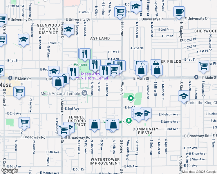 map of restaurants, bars, coffee shops, grocery stores, and more near 33 South Ashland in Mesa