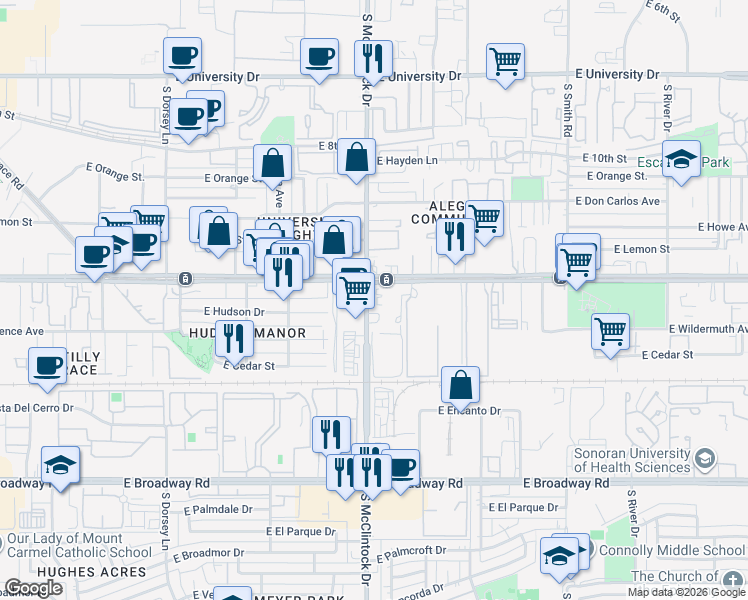 map of restaurants, bars, coffee shops, grocery stores, and more near 1400 South McClintock Drive in Tempe