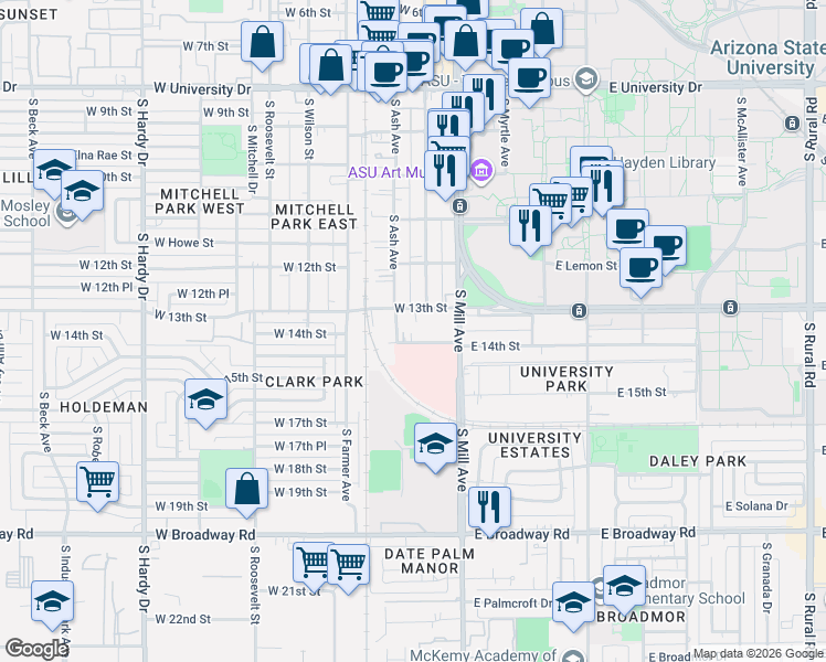 map of restaurants, bars, coffee shops, grocery stores, and more near 1319 South Ash Avenue in Tempe