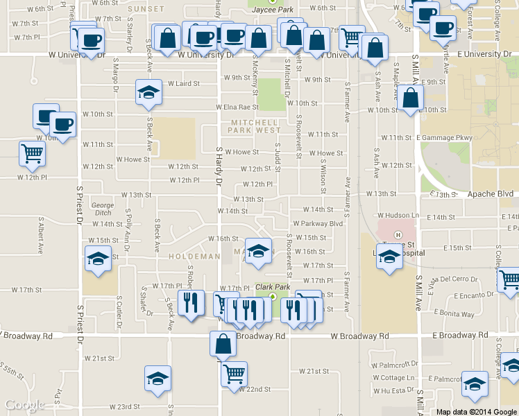 map of restaurants, bars, coffee shops, grocery stores, and more near 14 South Judd Street in Tempe