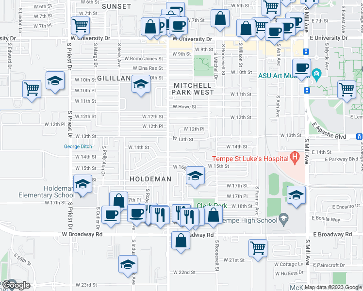 map of restaurants, bars, coffee shops, grocery stores, and more near 812 West 14th Street in Tempe