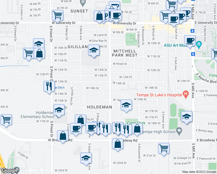 map of restaurants, bars, coffee shops, grocery stores, and more near 1312 South Hardy Drive in Tempe