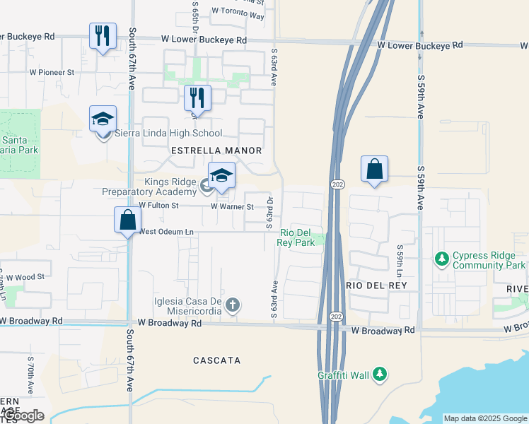 map of restaurants, bars, coffee shops, grocery stores, and more near 3727 South 63rd Drive in Phoenix