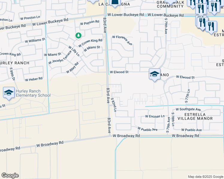 map of restaurants, bars, coffee shops, grocery stores, and more near 8242 West Albeniz Place in Phoenix