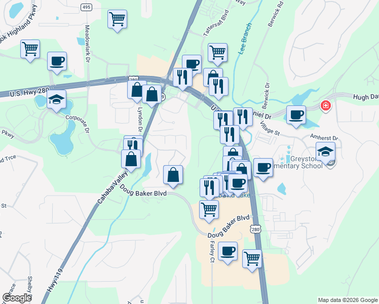 map of restaurants, bars, coffee shops, grocery stores, and more near 429 Old Brook Circle in Birmingham