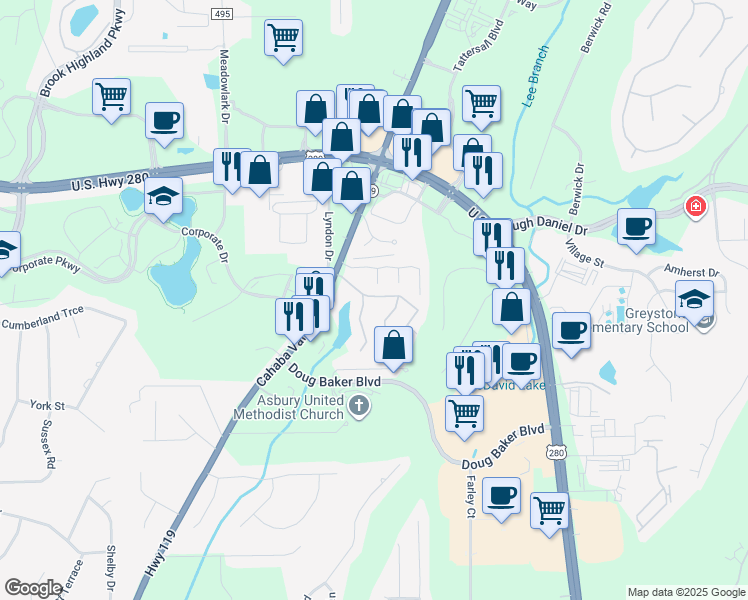 map of restaurants, bars, coffee shops, grocery stores, and more near 1009 Shoal Run Trail in Birmingham