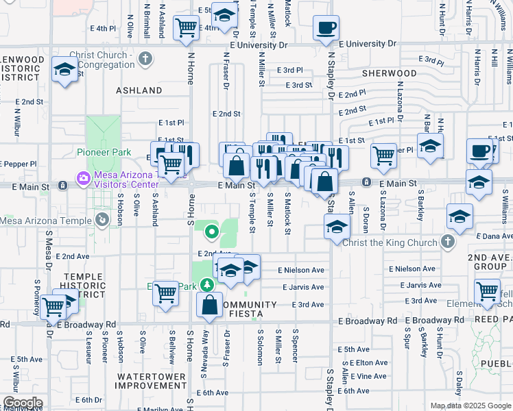 map of restaurants, bars, coffee shops, grocery stores, and more near 37 South Temple Street in Mesa