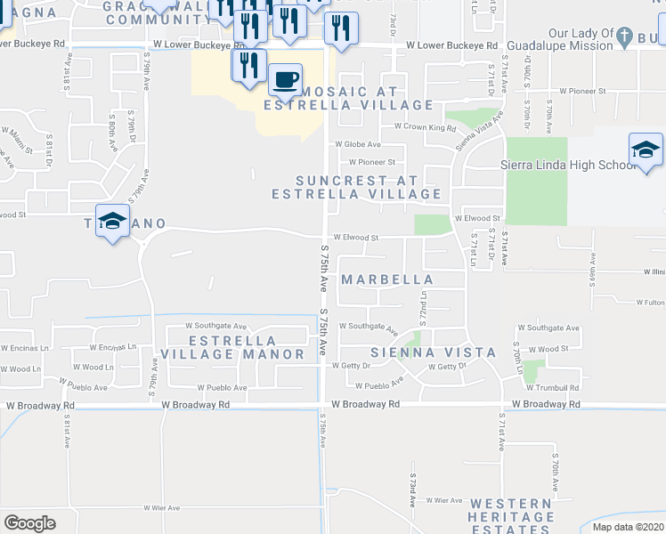 map of restaurants, bars, coffee shops, grocery stores, and more near 3720 South 74th Drive in Phoenix
