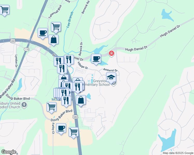 map of restaurants, bars, coffee shops, grocery stores, and more near 474 Eaton Road in Birmingham