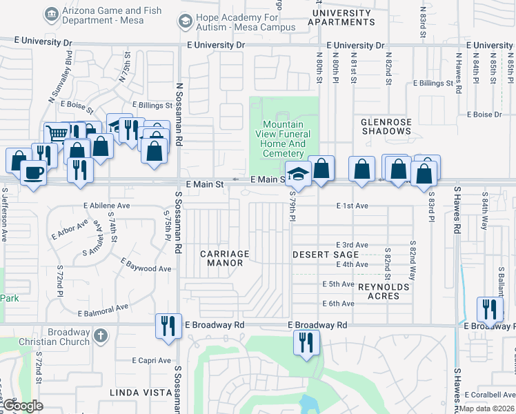 map of restaurants, bars, coffee shops, grocery stores, and more near 7750 East Broadway Road in Mesa