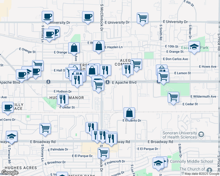 map of restaurants, bars, coffee shops, grocery stores, and more near 1827 Apache Boulevard in Tempe