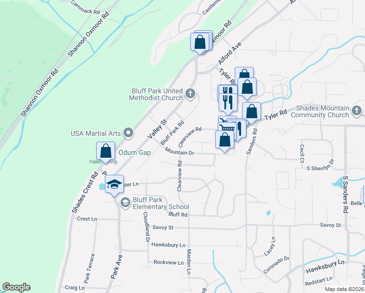 map of restaurants, bars, coffee shops, grocery stores, and more near 2455 Mountain Drive in Birmingham