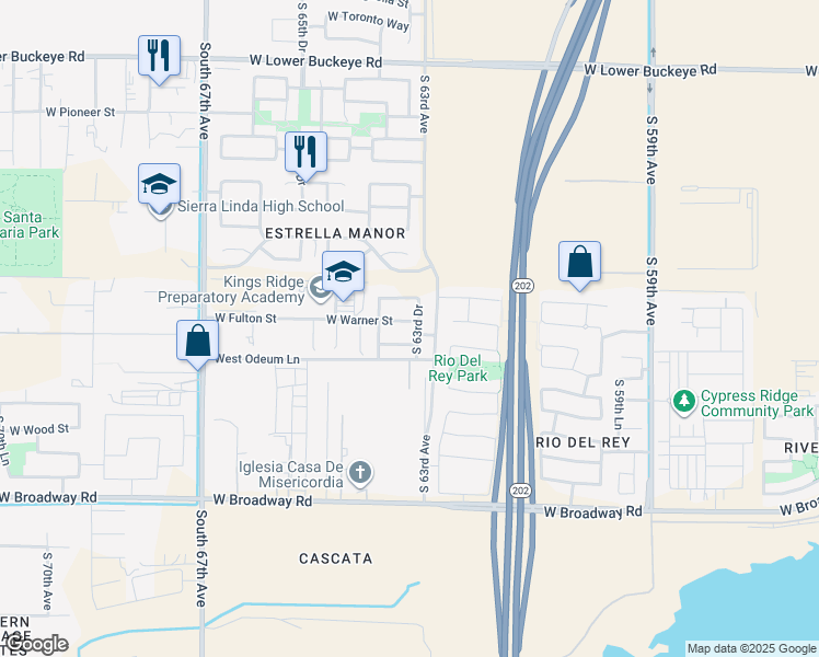 map of restaurants, bars, coffee shops, grocery stores, and more near 3727 South 63rd Drive in Phoenix