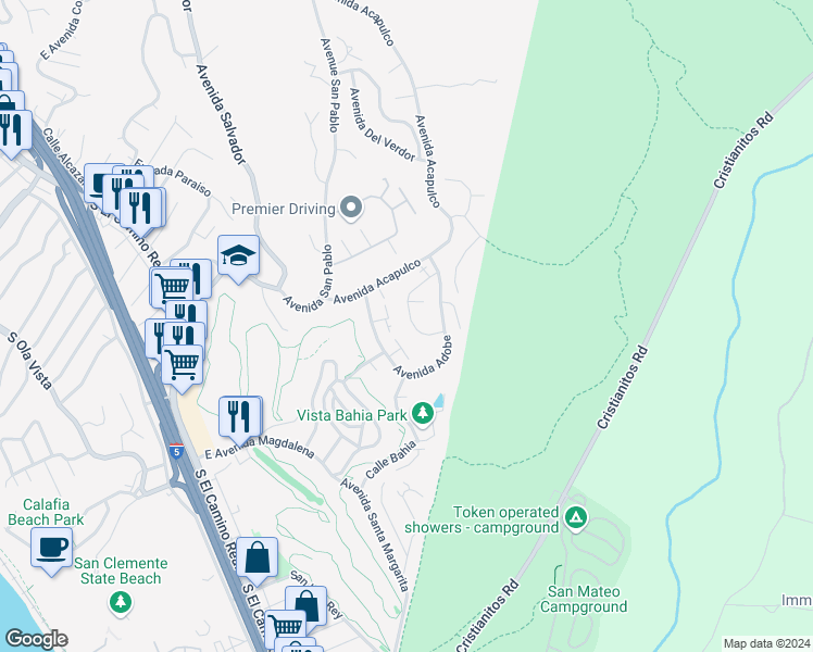 map of restaurants, bars, coffee shops, grocery stores, and more near 225 Avenida Baja in San Clemente