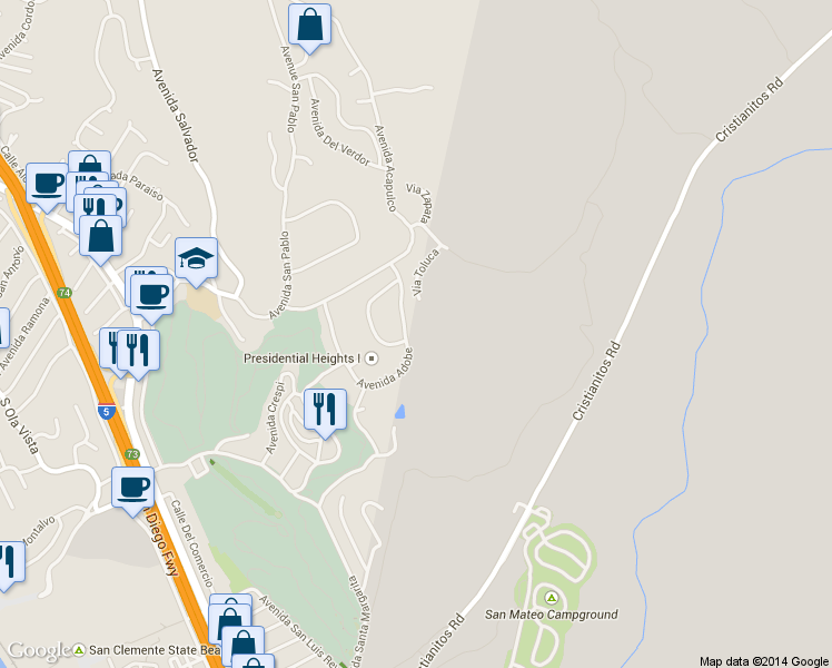 map of restaurants, bars, coffee shops, grocery stores, and more near 572 Avenida Adobe in San Clemente