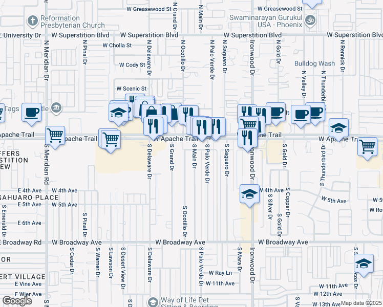 map of restaurants, bars, coffee shops, grocery stores, and more near 106 South Main Drive in Apache Junction
