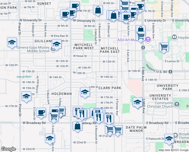 map of restaurants, bars, coffee shops, grocery stores, and more near 1325 South Mitchell Drive in Tempe