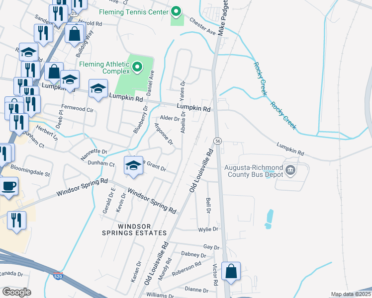 map of restaurants, bars, coffee shops, grocery stores, and more near 2932 Abelia Drive in Augusta