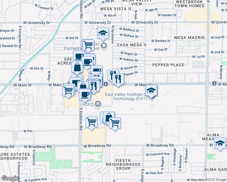 map of restaurants, bars, coffee shops, grocery stores, and more near 3 South Sycamore in Mesa
