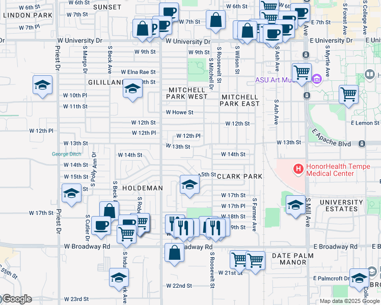 map of restaurants, bars, coffee shops, grocery stores, and more near 14 South Judd Street in Tempe