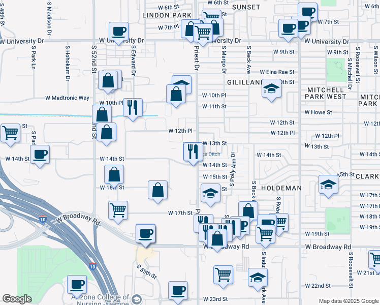 map of restaurants, bars, coffee shops, grocery stores, and more near 1320 S Priest Dr in Tempe