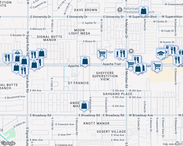 map of restaurants, bars, coffee shops, grocery stores, and more near 17 South Malcolm Drive in Apache Junction
