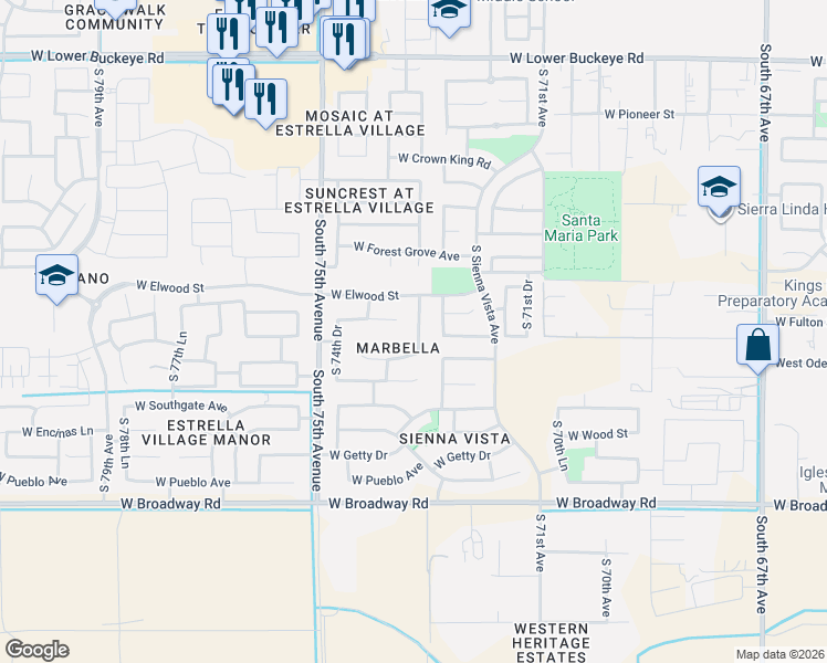 map of restaurants, bars, coffee shops, grocery stores, and more near 3714 South 73rd Drive in Phoenix