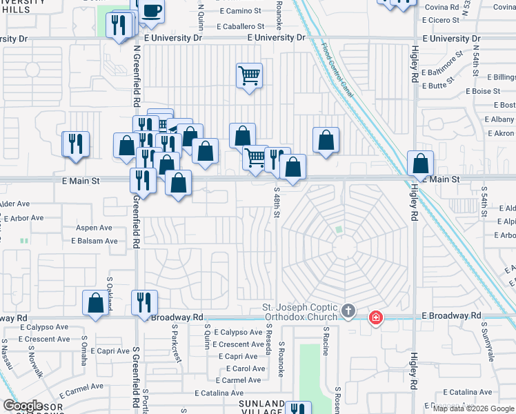 map of restaurants, bars, coffee shops, grocery stores, and more near Kurt Lane in Mesa
