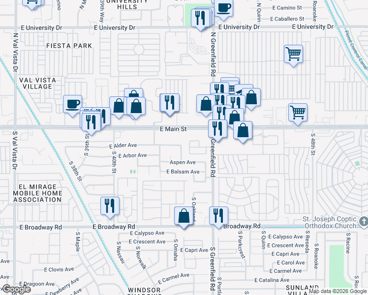 map of restaurants, bars, coffee shops, grocery stores, and more near 55 South Omaha in Mesa