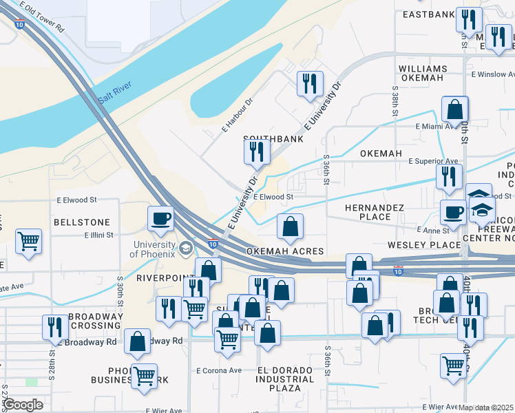 map of restaurants, bars, coffee shops, grocery stores, and more near 3401 East Elwood Street in Phoenix