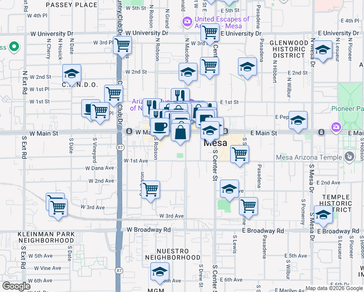 map of restaurants, bars, coffee shops, grocery stores, and more near 34 South Macdonald in Mesa