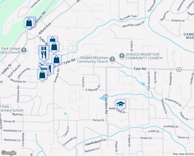 map of restaurants, bars, coffee shops, grocery stores, and more near 2272 Sherrlyn Drive North in Birmingham