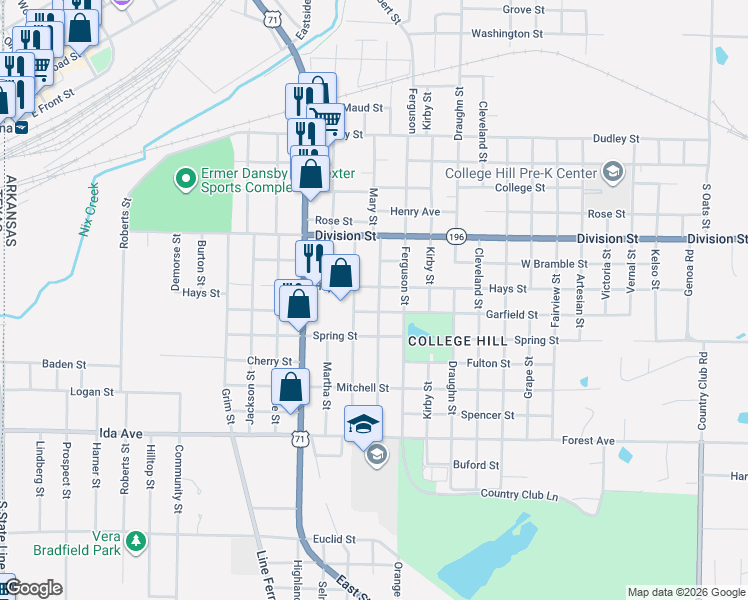 map of restaurants, bars, coffee shops, grocery stores, and more near 705 Mary Street in Texarkana