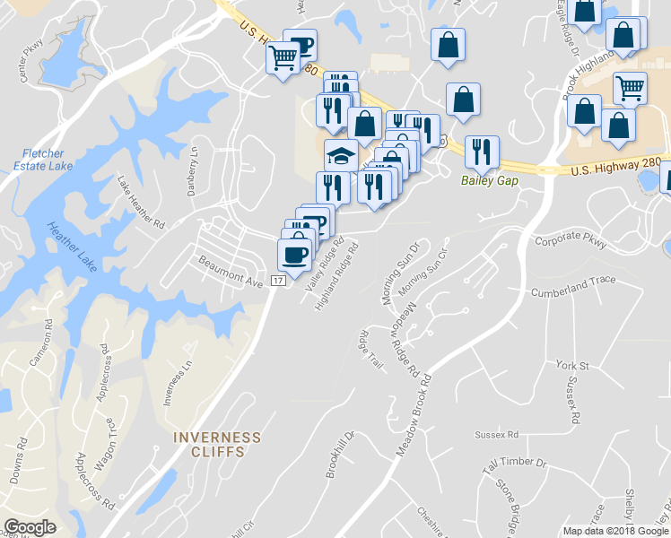 map of restaurants, bars, coffee shops, grocery stores, and more near 4054 Highland Ridge Road in Birmingham