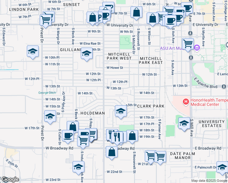 map of restaurants, bars, coffee shops, grocery stores, and more near 812 West 14th Street in Tempe