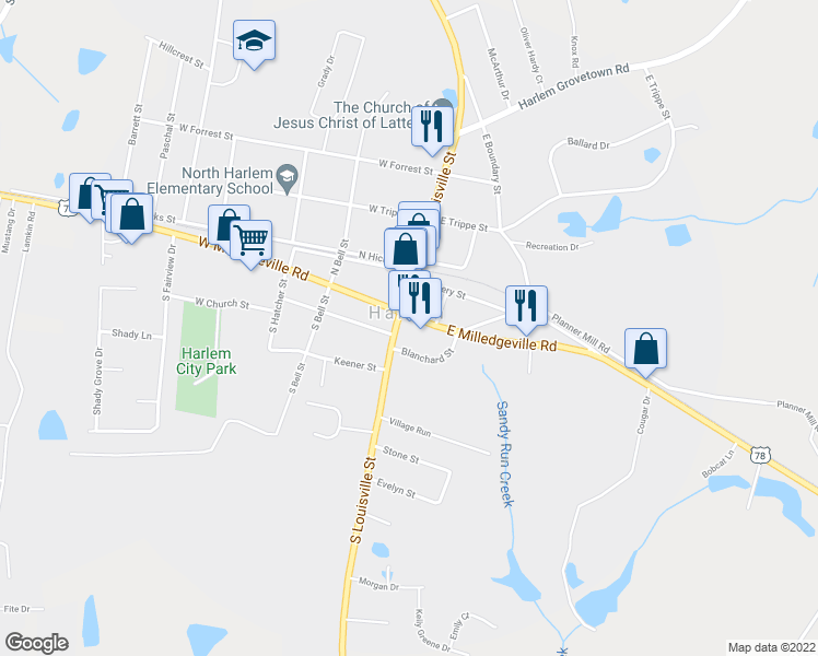 map of restaurants, bars, coffee shops, grocery stores, and more near 175 East Milledgeville Court in Harlem
