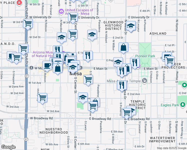 map of restaurants, bars, coffee shops, grocery stores, and more near 31 South Sirrine in Mesa