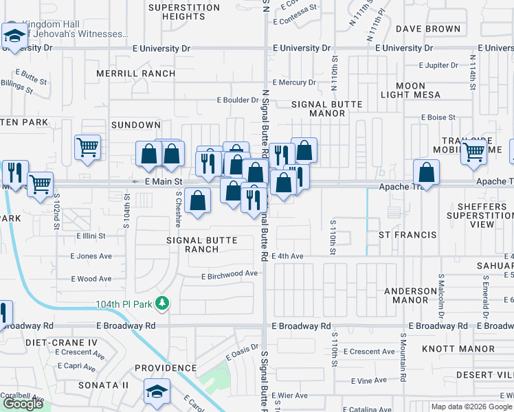 map of restaurants, bars, coffee shops, grocery stores, and more near 10757 North Signal Butte Road in Mesa