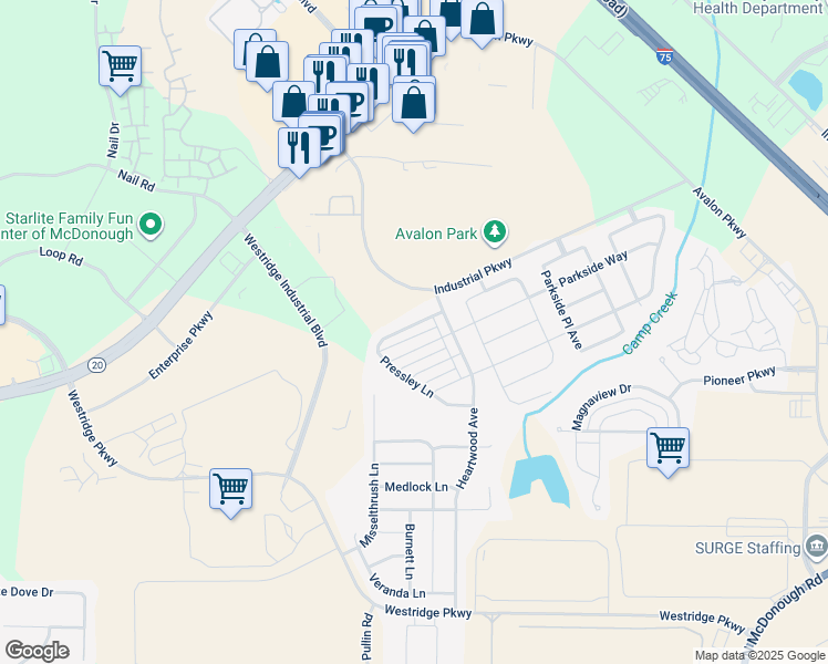 map of restaurants, bars, coffee shops, grocery stores, and more near 1517 Pressley Lane in McDonough