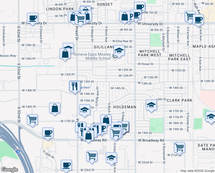 map of restaurants, bars, coffee shops, grocery stores, and more near 1316 South Shafer Drive in Tempe