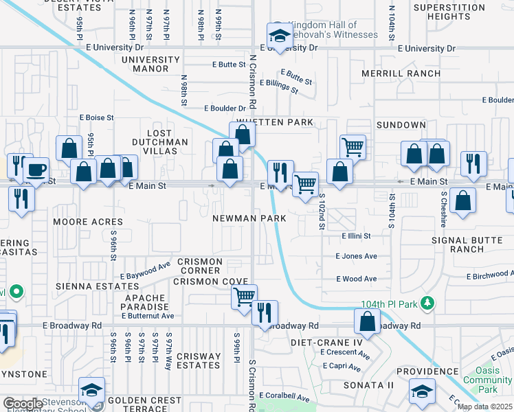 map of restaurants, bars, coffee shops, grocery stores, and more near 139 South Crismon Road in Mesa