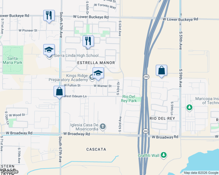 map of restaurants, bars, coffee shops, grocery stores, and more near 3618 South 63rd Avenue in Phoenix