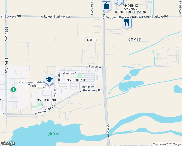 map of restaurants, bars, coffee shops, grocery stores, and more near 5152 Warner Road in Phoenix