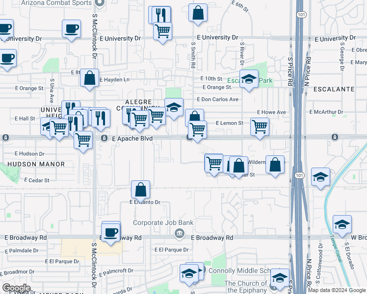 map of restaurants, bars, coffee shops, grocery stores, and more near 1315 South Martin Lane in Tempe
