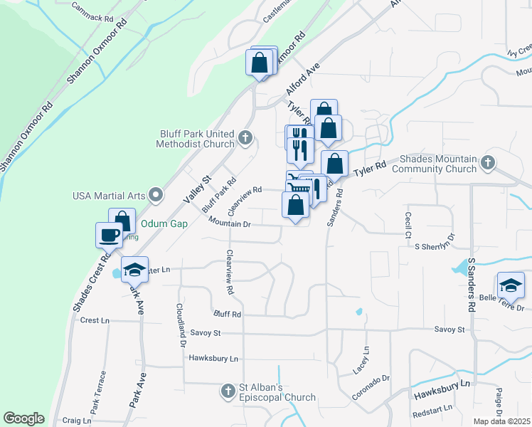 map of restaurants, bars, coffee shops, grocery stores, and more near 2520 Mountain Cove in Birmingham