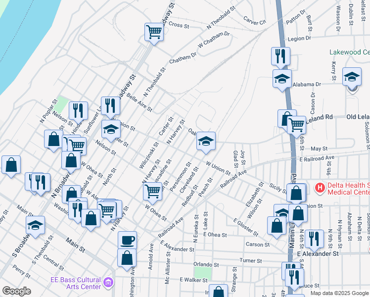 map of restaurants, bars, coffee shops, grocery stores, and more near 506 North Edison Street in Greenville