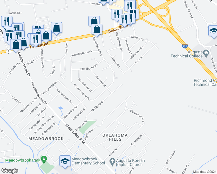 map of restaurants, bars, coffee shops, grocery stores, and more near 3427 Kensington Drive South in Augusta