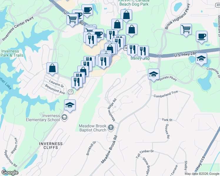 map of restaurants, bars, coffee shops, grocery stores, and more near 1112 Morning Sun Drive in Meadowbrook